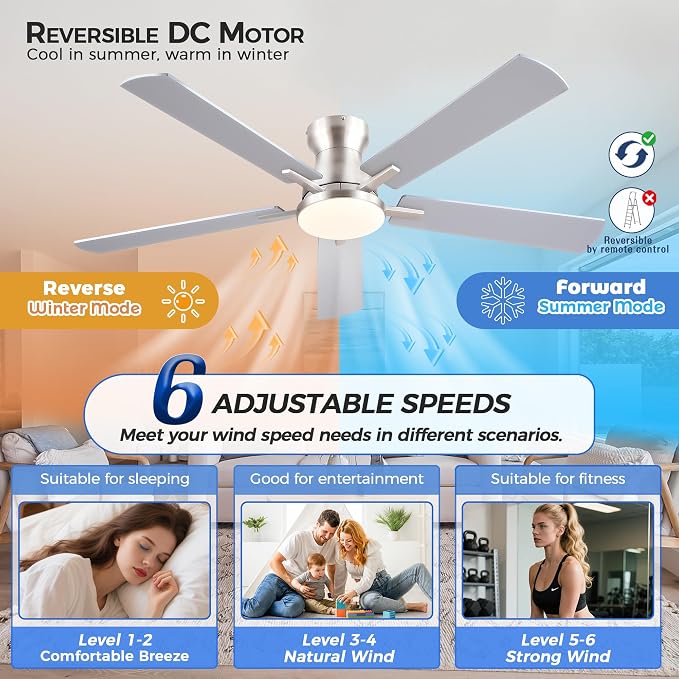 Ayaoty Ceiling Fans with Lights,52 Inch Low Profile Ceiling Fan with Light and Remote/APP Control-Flush Mount Dimmable, Quiet DC Motor for Outdoor Patio,Garage,Bedroom Nickel