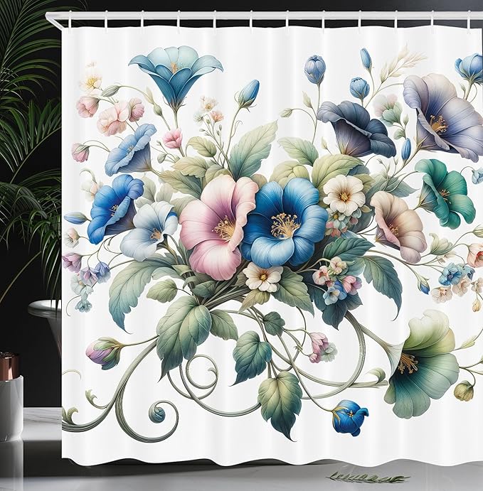 Ambesonne Floral Shower Curtain, Trippy and Bold Colorful Bellflowers in a Spring Morning on Plain Back, Cloth Fabric Bathroom Decor Set with Hooks, 69" W x 70" L, Deep Sky Blue Multicolor
