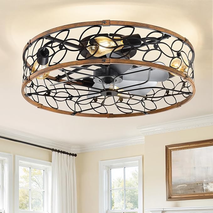 LEDIARY 23 Inch Caged Ceiling Fans with Lights, Farmhouse Flush Mount Ceiling Fan with Remote, Large Low Profile Ceiling Fan Light Fixture for Bedroom, Kitchen, Dining Room-Walnut