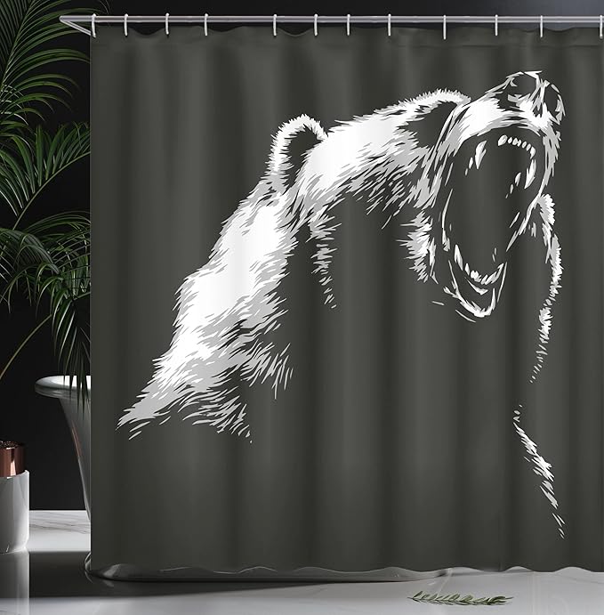 Ambesonne Bear Shower Curtain, Sketch Line Style Roaring Carnivore Fur and Fangs Aggressive Predator Fauna, Cloth Fabric Bathroom Decor Set with Hooks, 69" W x 75" L, Charcoal Grey White