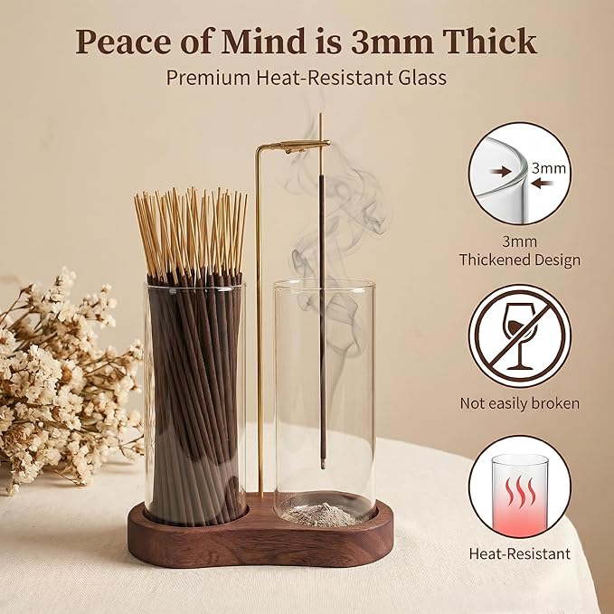 Glass Incense Holder for Sticks, 2-in-1 Incense Burner with Ash Catcher & Storage, Natural Wood Stick Holder for Meditation Yoga Zen Home Decor, Unique Spa Gift for Women