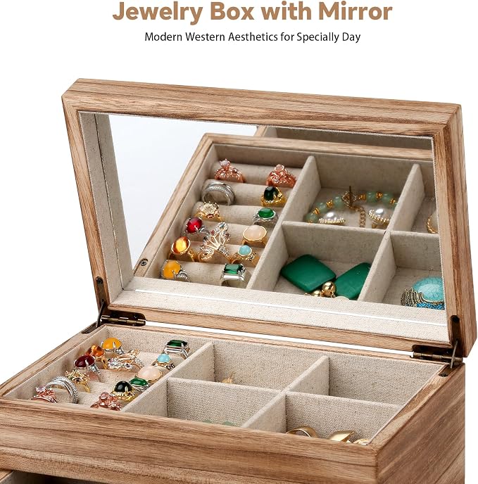 Meangood Jewelry Box Organizer for Women, 2 Layer Large Jewelry Storage Case, Rustic Wooden Jewelry Box with Mirror & Ring Tray for Necklace Earring Bracelets Rings, Vintage Style (Torched Wood)