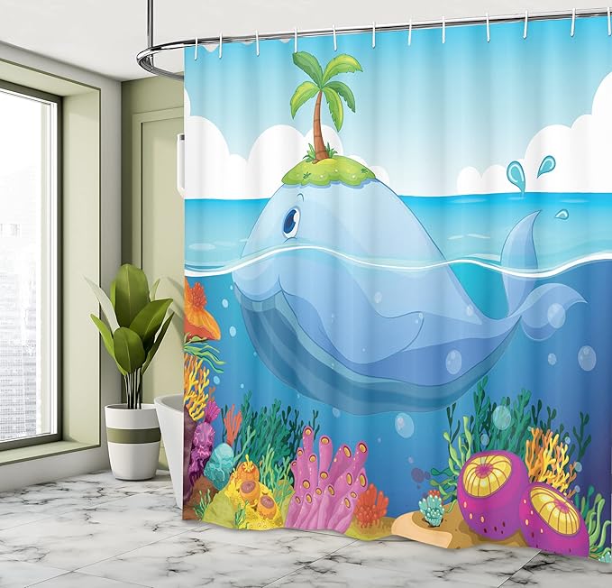 Ambesonne Cartoon Shower Curtain, Dolphin with Tiny Tree on His Head in The Water with Sea Plants Cartoon Art, Cloth Fabric Bathroom Decor Set with Hooks, 69" W x 70" L, Blue Green Purple