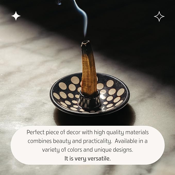 Palo Santo Holder with 5 Sticks - Luna Sundara Handmade Ceramic Incense Burner - Polka Dot Chulucanas Pottery from Peru - Smudge Bowl for Sage - Aromatherapy Gift Set