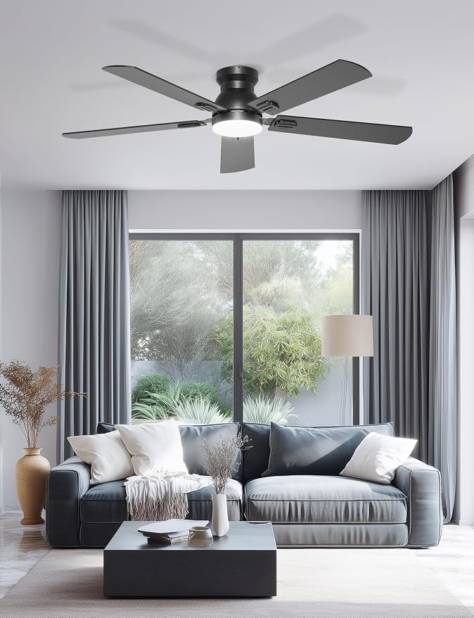 52'' Flush Mount Ceiling Fan with Lights, Space-Saving Low Profile for Low Ceilings, App/Remote Control, Safe Quiet DC Motor for Bedroom Living Room, Dimmable, Black
