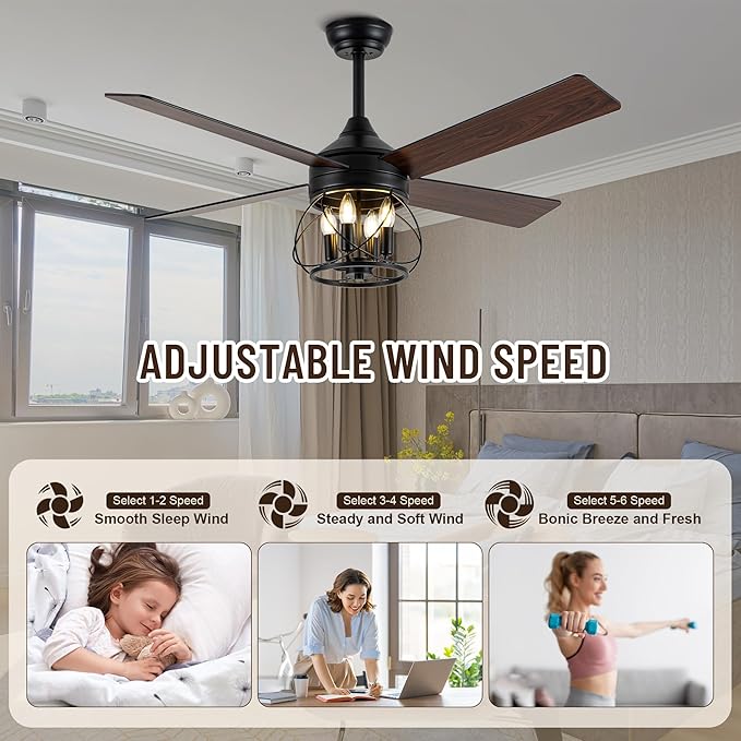 52" Industrial Ceiling Fans with Lights and Remote Control | ReversibleQuiet DC Motor,4 Double Finish Wood Blades,Rustic Ceiling Fan with Light For Porch,Living Rooms,Bedroom