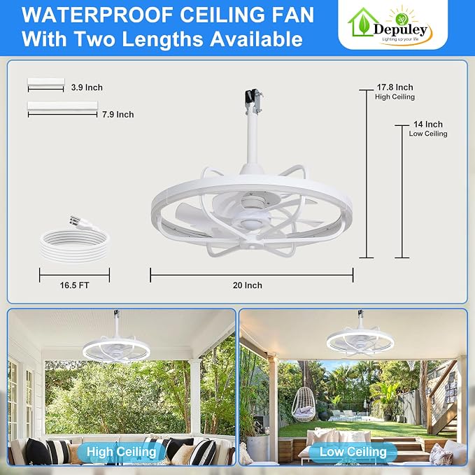 Depuley 20" Outdoor Ceiling Fan with Lights, White Waterproof Gazebo Hanging Fan with Remote App Control, Dimmable Plug in Caged outdoor Ceiling Fans for patios Porch 6-Speeds