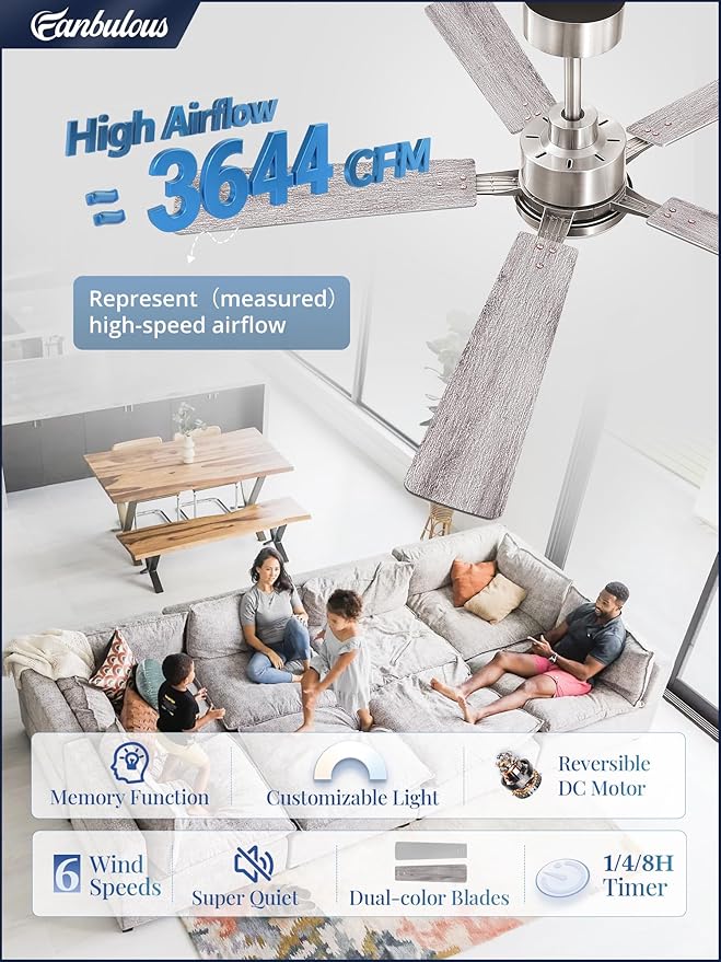 52 Inch Ceiling Fan with Light and Remote, 6 Speeds Reversible DC Motor Ceiling Fans for Bedroom Living Room Patio, 3CCT Dimmable LED, 5 Wood Blades, Downrod Mount, Sloped Ceiling Compatible