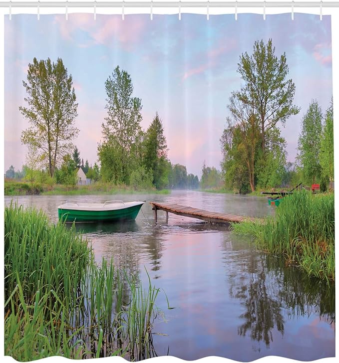 Ambesonne Landscape Shower Curtain, Rural Landscape Lakeside Boat Trees Grass Clouds and Boardwalk Countryside, Cloth Fabric Bathroom Decor Set with Hooks, 69" W x 75" L, Brown Green