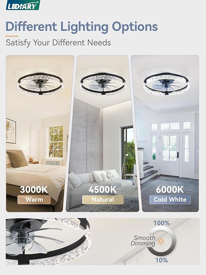LEDIARY 20 Inch Low Profile Ceiling Fans with Lights and Remote, Fandelier Ceiling Fan Flush Mount, 3000K-6000K Dimmable LED Fan Light, Black Modern Ceiling Fans with Lights for Bedroom