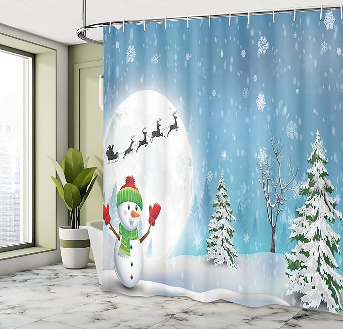 Ambesonne Christmas Shower Curtain, Jolly Snowman Under Full Moon Waving to Santa Claus with Reindeer Sleigh, Cloth Fabric Bathroom Decor Set with Hooks, 69" W x 70" L, Blue and White