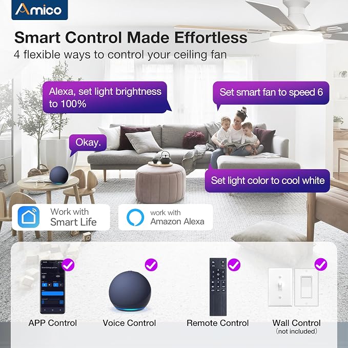 Amico Ceiling Fans with Lights, 52'' Smart RGB Ceiling Fan with Remote/APP/Alexa Control, Flush Mount, Reversible DC Motor, 5 Blades, 6 Speeds, 3CCT, Dimmable, Noiseless, Bedroom, Living Room, White