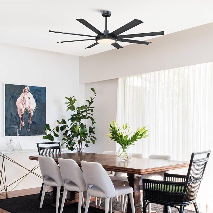 60 inch Black Ceiling Fan with Light and Remote, Industrial Ceiling Fan, Ventilador de Techo, 6 Speed Quiet DC Motor, 8 Blades, Large Ceiling Fans for Garage, Living Room, Home Office