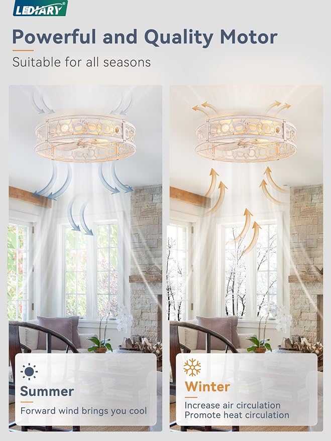 LEDIARY Caged Flush Mount Ceiling Fans with Lights, 23 Inch Farmhouse Low Profile Ceiling Fan with Remote, Small Bladeless Fan Lights Ceiling Fixtures for Bedroom, Kitchen- White and Gold