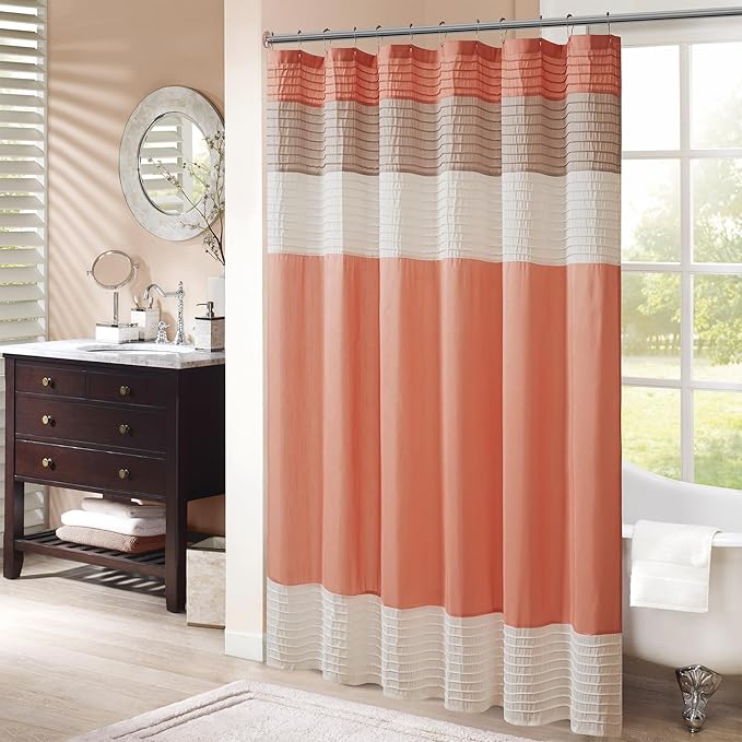 Madison Park Amherst Bathroom Shower Curtain Faux Silk Pieced Striped Modern Microfiber Bath Curtains, 72x84 Inches, Coral