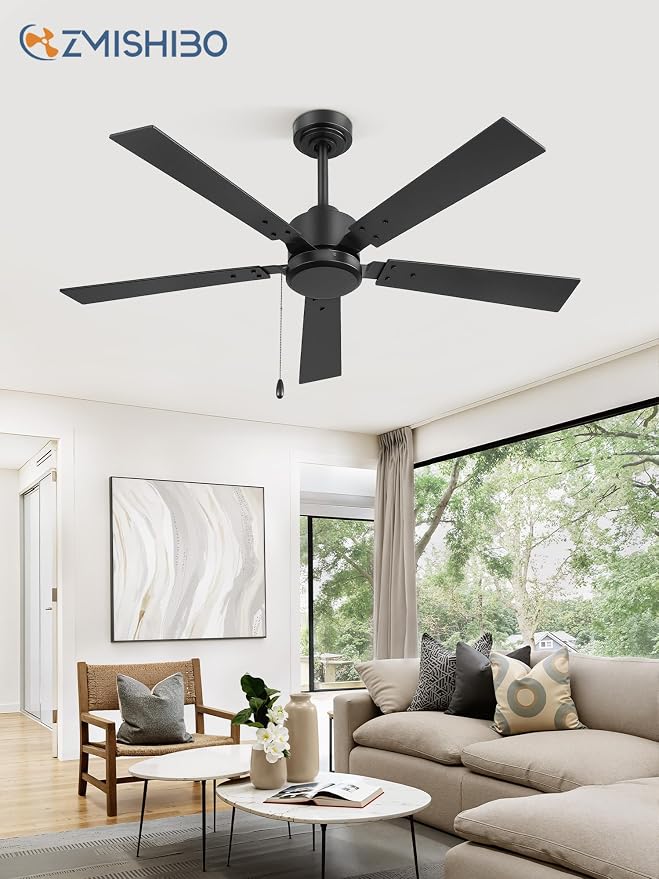 ZMISHIBO 52 Inch Ceiling Fan No Light with Pull Chain, Modern Ceiling Fan without Lights, 6-Speeds, Quiet DC Motor, Remote Control, Black Ceiling Fan for Bedroom, Living Room, Indoor/Outdoor Use