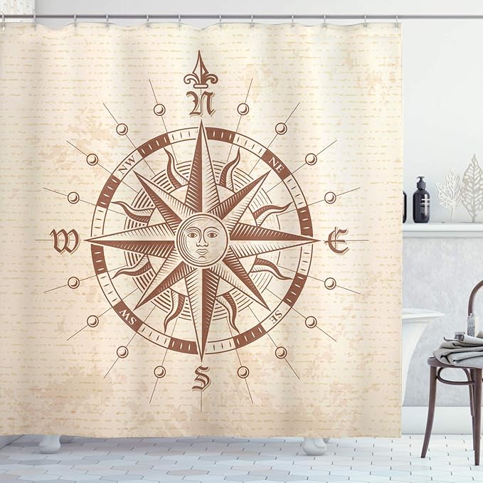 Ambesonne Compass Shower Curtain, Old Compass Rose a Sun Face Lady on It Instrument Distances Between Points Graphic, Cloth Fabric Bathroom Decor Set with Hooks, 69" W x 84" L, Tan Brown