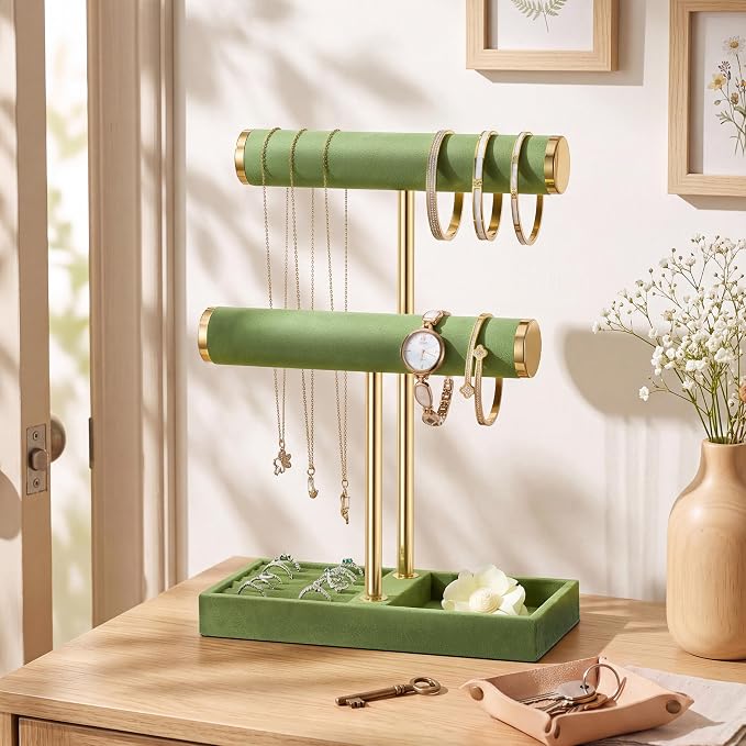 bussdis 2 Tier Bracelet Holder Display, Necklace Holder Organizer, Green | Velvet Necklace Holder | Jewelry Tree | Jewelry Towers | Jewelry Stand Organizer for Necklaces, Bracelets, Earrings, Rings