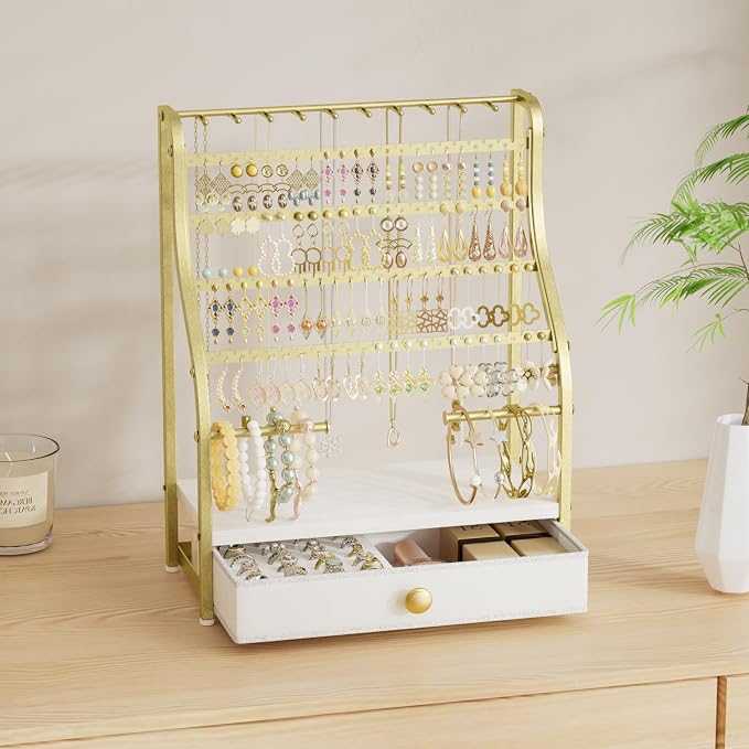 SWTYMIKI Earring Holder Organizer - Jewelry Organizer Stand with Necklace Hooks, Watch Rods, Nonwoven Drawer, Large Capacity Jewelry Display for Stud Earring Bracelet Necklace Ring, Gold