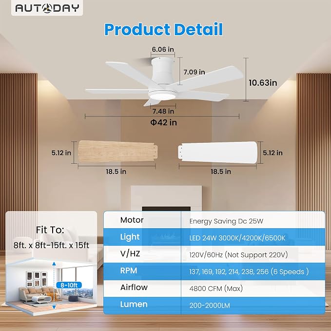 42 Inch Low Profile Ceiling Fan with Light, White Ceiling Fans with Lights and Remote, Flush Mount, 6 Speeds Reversible Quiet DC, 3CCT Dimmable, Indoor Outdoor Ceiling Fans for Patios Bedroom