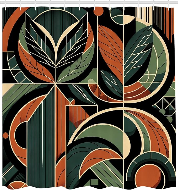 Ambesonne Mid Century Modern Shower Curtain, Abstract Retro Geometric Lines and Shapes with Leaves Art, Cloth Fabric Bathroom Decor Set with Hooks, 69" W x 84" L, Evergreen Cinnamon Beige