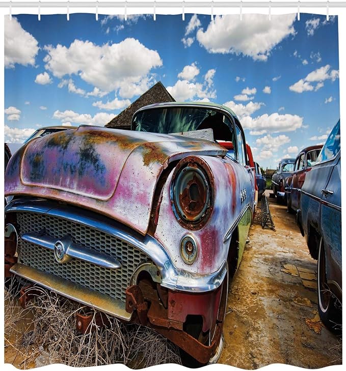 Ambesonne Vintage Shower Curtain, Abandoned Vintage Cars Rusting in a Ghost Town Cloudy Sky Digital Image, Cloth Fabric Bathroom Decor Set with Hooks, 69" W x 75" L, Pale Coffee and Blue