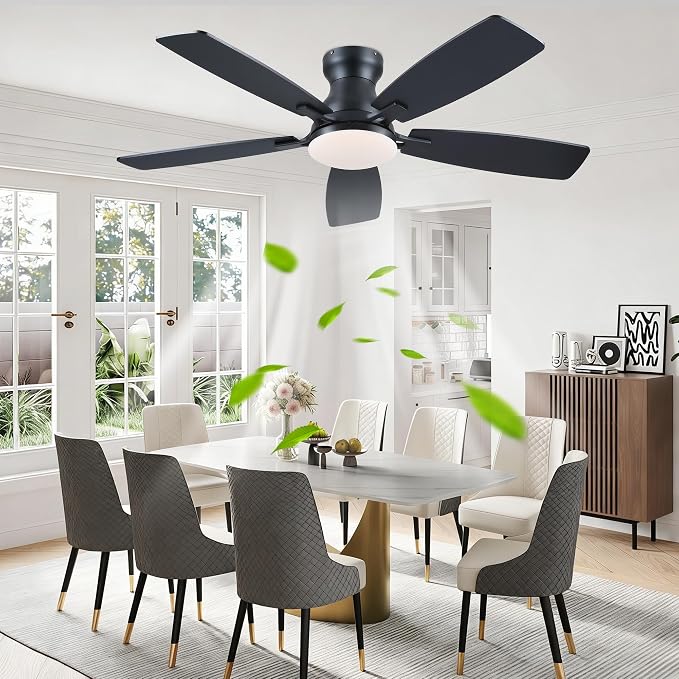JSAITEE 46 Inch Low Profile Flush Mount Ceiling Fan with Lights, Black | 46" Ceiling Fan with 5 Dual-Sided Blades and 6 Speeds 3CCT Dimmable, Modern Indoor Fan Light Fixtures for Bedroom, Kitchen