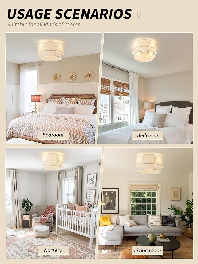 SYDACG Ceiling Fan with Lights Flush Mount, 20" Low Profile Boho Ceiling Fan with Light Remote Control, Bladeless Rattan 6 Speeds for Bedroom, Living Room, Nursery