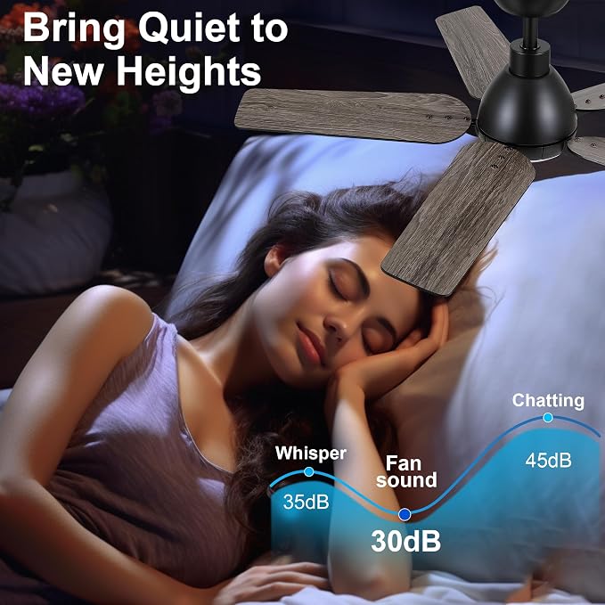 42 Inch Ceiling Fan with Light and Remote Control, Black | 6-Speed Quiet Reversible DC Motor, 3CCT Dimmable 24W LED Light,5 Wood Blades,Used for Bedroom, Living Room, Covered Patio