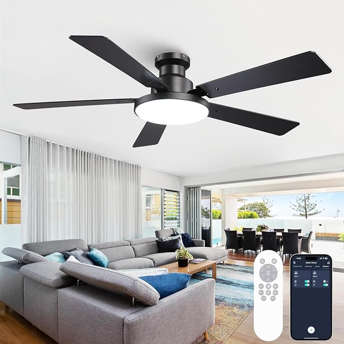 52 Inch Low Profile Black Ceiling Fan with Lights, 12.2'' Large 3CCT LED Light Panel, APP & Remote, 6-Speed Quiet Reversible DC Motor, Modern Flush Mount Ceiling Fan for Bedroom Living Room
