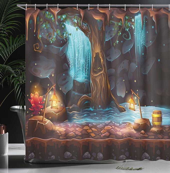 Ambesonne Fantasy Shower Curtain, Enchanted Forest with Cave Waterfall and Magic Tree Cask Colorful Elf Image, Cloth Fabric Bathroom Decor Set with Hooks, 69" W x 70" L, Brown Blue