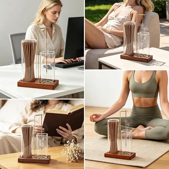 2 in 1 Incense Holder, Wooden Incense Holder for Sticks with Glass Ash Catcher & Storage, Anti-Ash Flying Incense Burner for Meditation, Yoga, Spa Home Boho Decor (Brown)