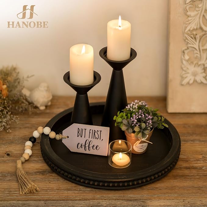 Hanobe Round Decorative Tray with Beaded Edge, Distressed Dark Brown Finish | 11.8" vintage wooden tray for coffee table, ottoman, or counter display, holds candles.