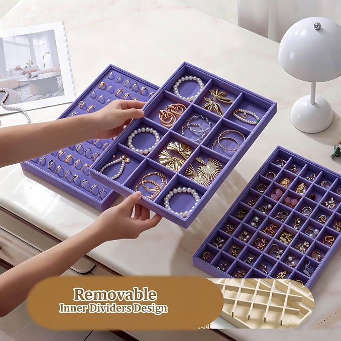 Large Velvet Jewelry Tray 2 Pack Stackable Jewelry Display Drawer Inserts Trays Organizer for Earring Bracelet Necklace Ring (Purple, 12 Grids+24 Grids)