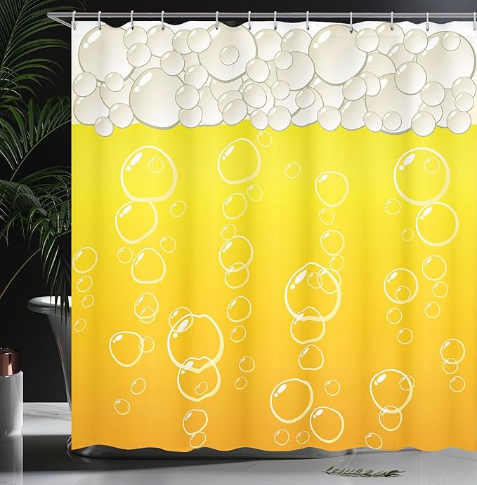 Ambesonne Abstract Shower Curtain, Close up Bubbles and Beer Macro Alcohol Drink Refreshment Graphic Illustration, Cloth Fabric Bathroom Decor Set with Hooks, 69" W x 70" L, Yellow White