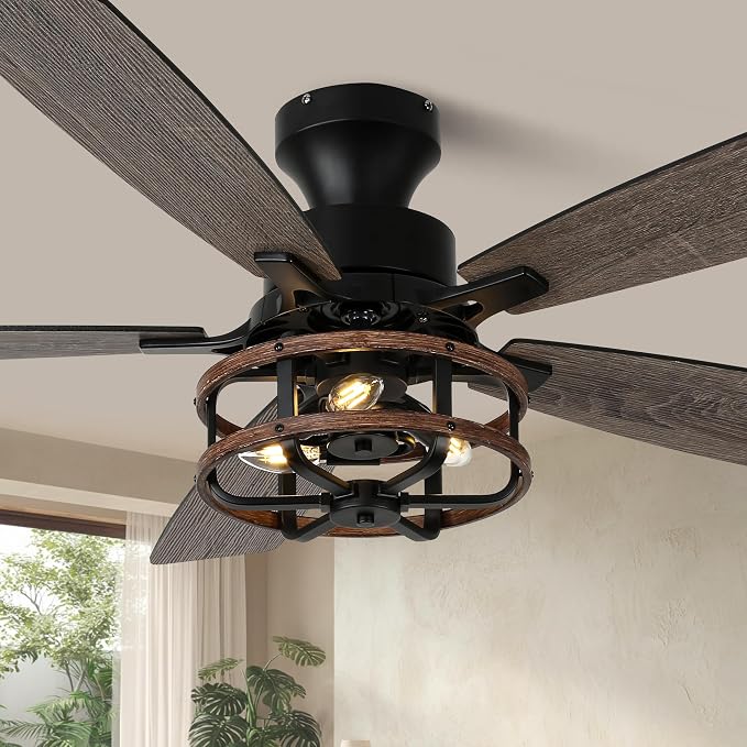 52" Flush Mount Farmhouse Ceiling Fan with Light & Remote Control | Rustic Caged Chandelier Ceiling Fan with 5 Double Colour Blades Reversible DC Motor, for Living Room,Dining Room,Bedroom