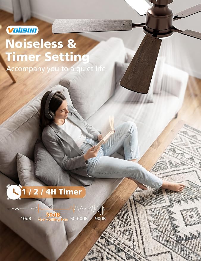 VOLISUN 52 Inch Ceiling Fan with Lights Flush Mount, Low Profile Ceiling Fans with Lights, Remote&APP Control,Dimmable 22W LED Light,Queit&Reversible Fan, Brown Ceilings Fans for Bedroom, Living Room