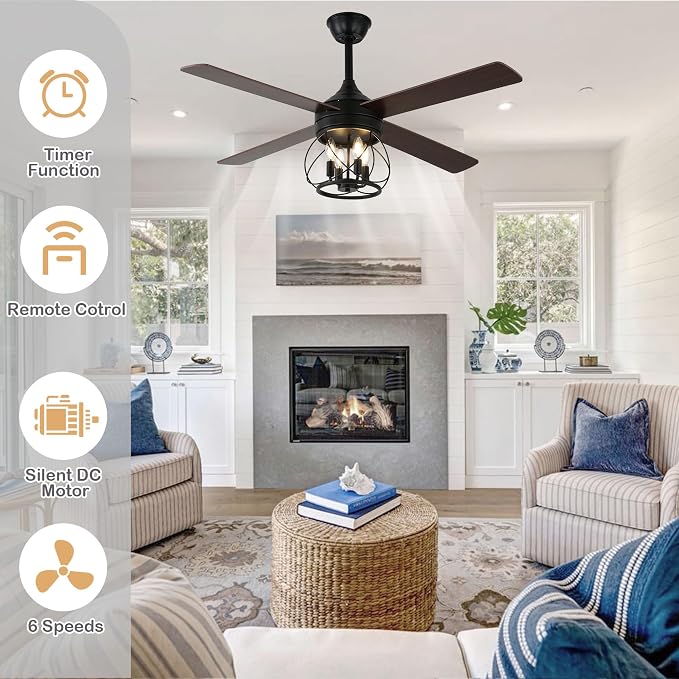 52" Farmhouse Ceiling Fan with Lights and Remote, Rustic Ceiling Fan Black Caged Fandelier 4-Lights Industrial Chandelier for Bedroom Living Room, Reversible Quiet DC Motor 6 Speeds