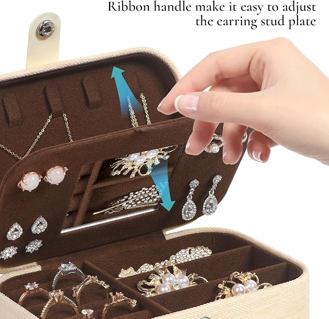 Hatori Travel Jewelry Box, PU Leather Small Jewelry Organizer for Women Girls, Double Layer Portable Mini Travel Case Display Storage Holder Boxes for Stud Earrings, Rings (White Mirror)