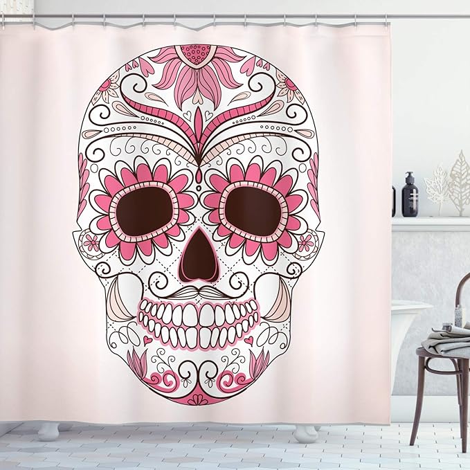 Ambesonne Skull Shower Curtain, Day of The Dead Girly Colors Skull with Floral Ornamental Design Symbolic Artwork, Cloth Fabric Bathroom Decor Set with Hooks, 69" W x 75" L, Pink Brown
