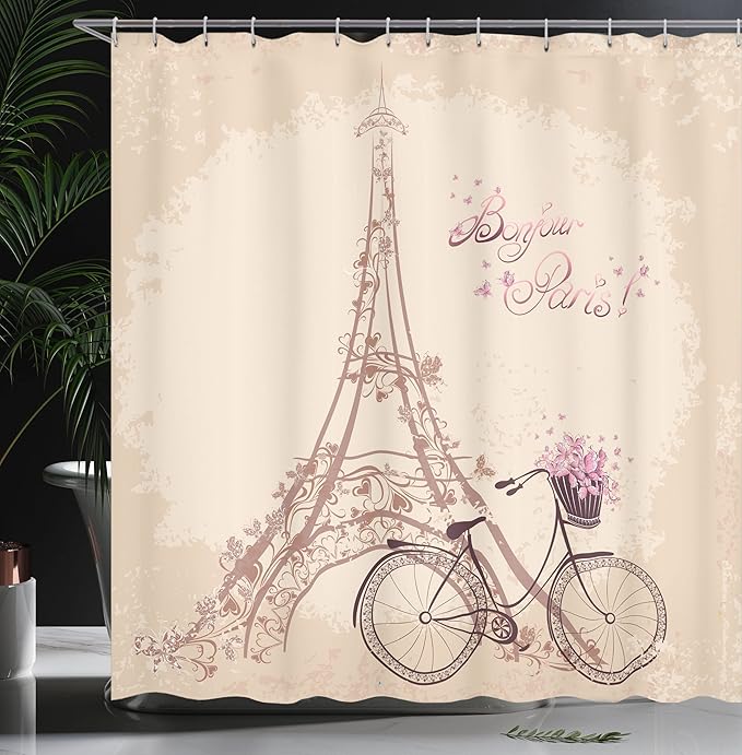 Ambesonne Paris Shower Curtain, Bonjour Paris Eiffel Tower and Vintage Bicycle with Flowers Retro Soft Color Print, Cloth Fabric Bathroom Decor Set with Hooks, 69" W x 75" L, Cream Pink