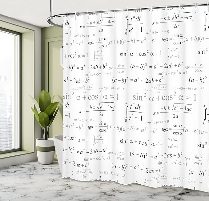 Ambesonne Math Themed Shower Curtain, Minimal Print of Mathematics Geometry Forms Repetitive Science Pattern, Cloth Fabric Bathroom Decor Set with Hooks, 69" W x 84" L, Black and White
