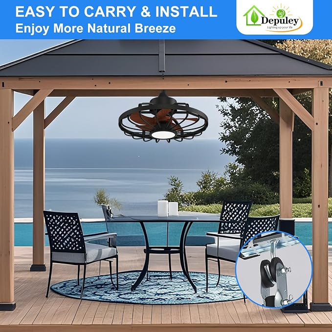 Depuley Gazebo Fans Outdoor Hanging: 20 Inch Black and Walnut Plug In Caged Outdoor Fan with Light and APP Remote Control - Waterproof Ceiling Fan for Patio Porch Pergola Reversible DC Motor