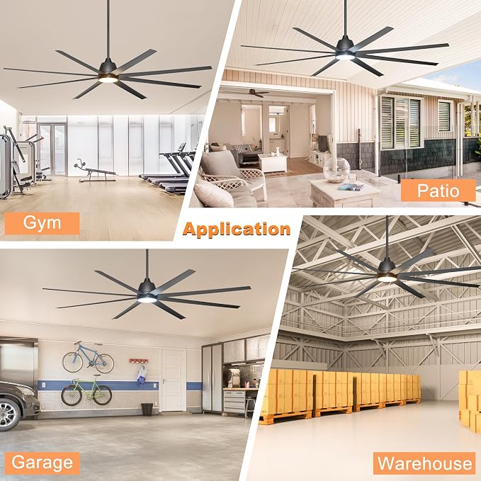 96" Industrial Ceiling Fans with Lights, Large Ceiling Fan with Remote/APP Control, Outdoor Ceiling Fans with 8 Blades, 3CCT, DC motor for Commercial Shop Garage Warehouse Black