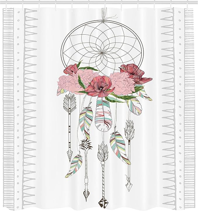 Ambesonne Bohemian Shower Curtain, Hand Drawn Illustration of a Dreamcatcher Boho Form Design Feathers Flowers, Cloth Fabric Bathroom Decor Set with Hooks, 69" W x 70" L, Pale Rose