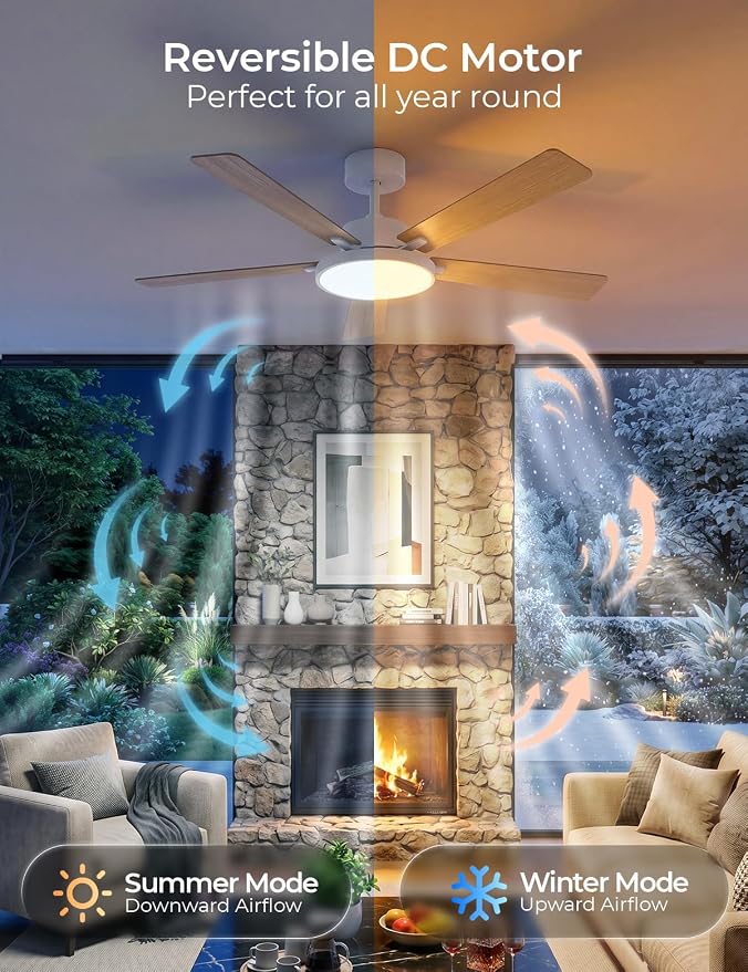 CINOTON Smart Ceiling Fan with Lights, 52'' RGBCW Ceiling Fan with Lights and Remote App Voice Control, Reversible DC Motor, 2600lm LED, 6 Speeds & 2 Fan Mode, Quiet Fan for Bedroom, Living Room White