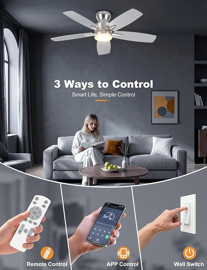 Ohniyou Ceiling Fans with Lights, 42'' Low Profile Ceiling Fan with Light and Remote/APP Control, Modern Flush Mount Ceiling Fan for Indoor Bedroom Kitchen, Dimmable, Quiet DC Motor, Silver