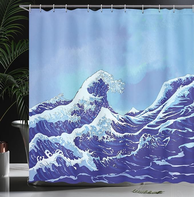 Ambesonne Kanagawa Shower Curtain, Big Tsunami in The Ocean Blue Sky Japanese Nature Sea Waves Art, Cloth Fabric Bathroom Decor Set with Hooks, 69" W x 70" L, Blue Navy