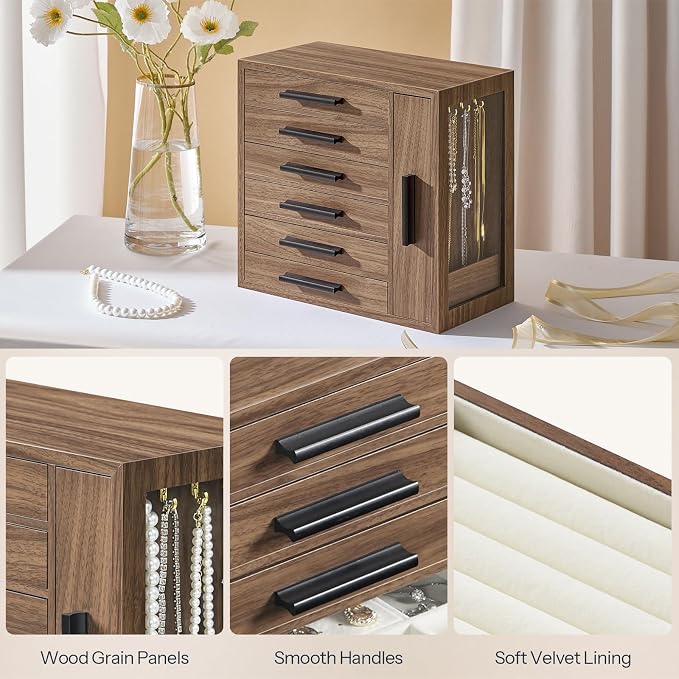 HOOBRO Jewelry Box for Women, Jewelry Organizer Box, 6-Tier Wooden Jewelry Box, Jewelry Case with Side Transparent Window, for Earring, Necklace, Bracelet, Walnut and Black BH12JB04