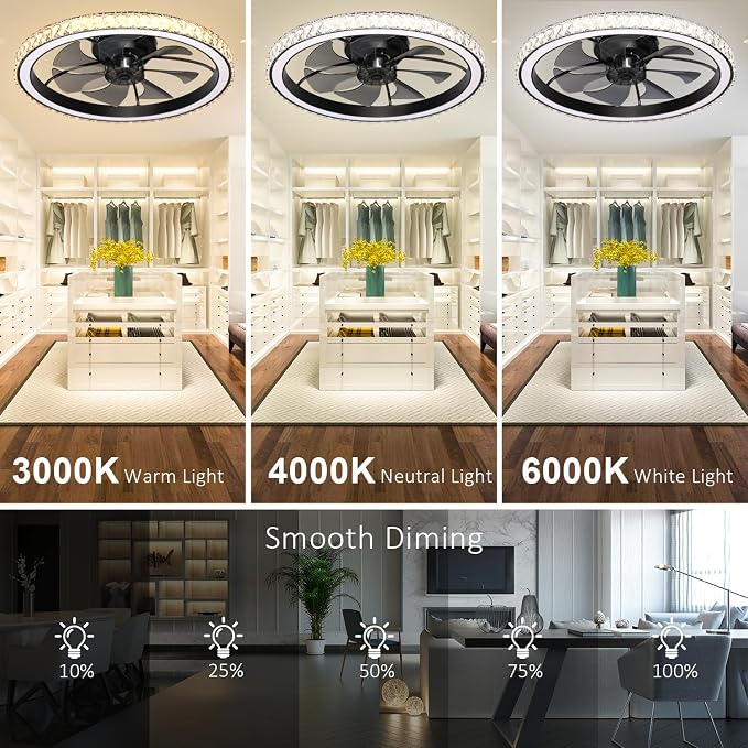 Aipsun 26" Low Profile Modern Crystal Chandelier Ceiling Fans with Lights and Remote, 3000K-6500K Smart Bladeless LED Fan Light, Black Modern Ceiling Fans with Lights for Bedroom